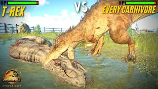 Rex vs Every Large Carnivors - Who is Stronger? Jurassic World Evolution 2 | JWE2