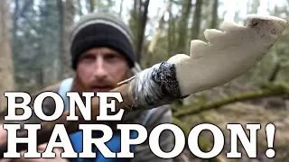 Primitive Technology | Bone HARPOON with STONE TOOLS | Hand Drill Fire, Fish Basket Cooking