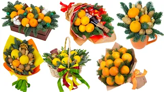 6 ideas: a bouquet of tangerines and lemons for a girl, a woman for New Year and Christmas