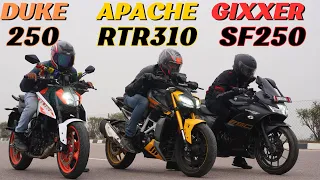 2024 Duke250 vs Apache RTR310 vs Gixxer SF250 Drag Race 🔥🔥| Triple Battle | The UP46 Rider |