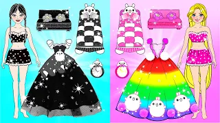 Paper Dolls Dress Up - Black Wednesday Addams & Rainbow Rapunzel Molang House - Barbie Room Makeover