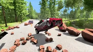 High Speed ​​Car Passes Through Road Obstacles Full of Rocks - BeamNG Drive | BeamNG Jr