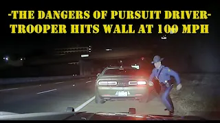 Trooper strikes concrete wall at 100 MPH during HIGH SPEED PURSUIT with Dodger Challenger #police