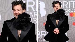 Harry Styles Wears Giant Flower Choker on 2023 Brit Awards Red Carpet