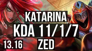 KATA vs ZED (MID) | 11/1/7, 2.2M mastery, 7 solo kills, 500+ games, Godlike | EUW Diamond | 13.16