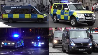 Police chase street racers + Police cars, riot vans and bikes responding to disorder in London