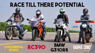 BMW G310RR vs ROYAL ENFIELD CONTINENTAL GT650 vs KTM RC 390 vs KTM DUKE 390 | Unbelievable result |