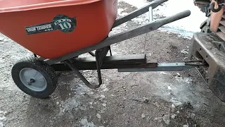 Adapting a 2 wheel wheelbarrow into a tow-behind dump cart cheaply and easily