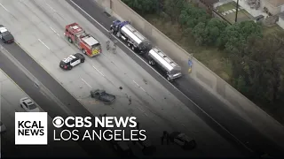 Stolen car pursuit ends as suspect crashes into gasoline tanker on 110 Freeway