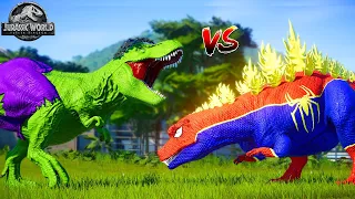 ALL RED SPIDER-MAN Battle in Jurassic World |Dinosaur Pro SuperHero Team| Jurassic World Evolution