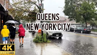 Walking in the rain, NEW YORK CITY in Queens 37th Ave, 4K Video TRAVEL