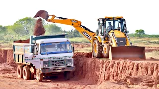 JCB Backhoe Fully Loading Mud in KBC Tata Truck For Making Fishing Farming Pond