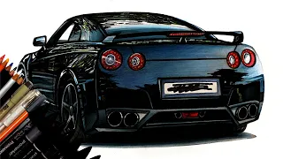 Realistic Car Drawing - Nissan GT-R - Time Lapse - Drawing Ideas