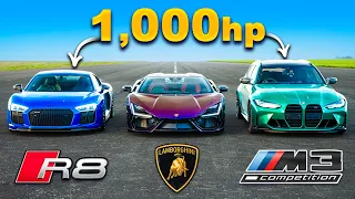 Lamborghini Revuelto v 1000hp M3 Touring v 1000hp R8: DRAG RACE