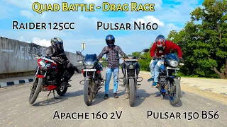 TVS Raider 125cc Vs Pulsar 150 Vs N160 Vs Apache RTR 160 2V | Drag Race | Quad Battle