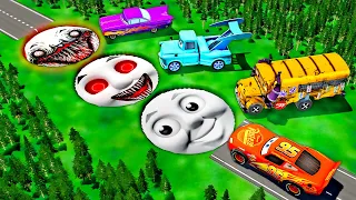 Giant Thomas & Cursed Thomas & Charles Pit Vs Lightning McQueen And Huge & Tiny pixar Cars in BeamNG