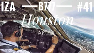 B777 TAKEOFF Houston Cockpit View | Start Up, Taxi, Takeoff | ATC & Crew Communications