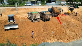 Episode 6 Komatsu D R 51PX Dozer Pushing Landfill On The Mud And Team Truck Working Unloading