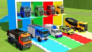 TRANSPORTING EXCAVATOR, MIXER TRUCK, BULLDOZER, POLICE CARS TO GARAGE WITH MAN TRUCK - FS22