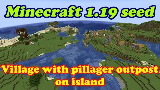 Minecraft 1.18-1.20 big island with village and pillager outpost seed at spawn