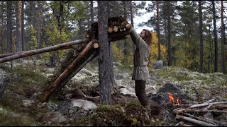 Bushcraft trip - shelter building, collecting mushrooms and cooking meat [lean-to part 2]