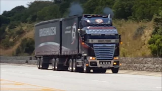 Freightliner Argosy ISX 620 with 7 inch pipes and loud jakes. Mean looking machine.