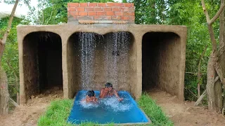 Build waterfall on hobbit-house fall in to swimming Pool