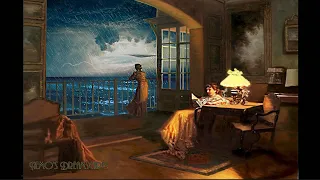 1930's Terrace by the ocean on a rainy night ( oldies music, ocean waves, distant thunders ) ASMR