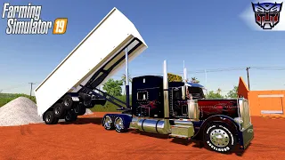 Farming Simulator 19 - PETERBILT 388 OPTIMUS PRIME Dump Truck Unloads Crushed Stone