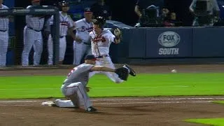 WSH@ATL: Swanson safe at first after call overturned