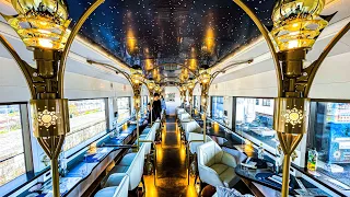 Luxury sightseeing train running through the nature-rich Japanese countryside