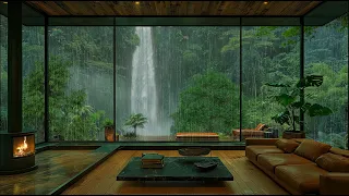 Hidden Room In Rainforest Ambience - Fireplace, Rain and Soothing Watefall Sound