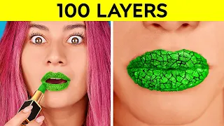 ¡EL DESAFÍO DE LAS 100 CAPAS! 100 capas de maquillaje, uñas y lápiz labial por 123 GO! CHALLENGE