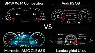 BMW X6 M Competition vs Mercedes AMG GLE 63 S vs Audi RS Q8 vs Lamborghini Urus Acceleration Battle