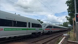 Bahnübergang in Ludwigsau Friedlos Züge am Freitag 4.8.2023 ICE-T Doppeltraktion, Güterzüge