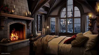 🏰 Castle View Cozy Bedroom: Fireplace and Snowstorm Ambiance