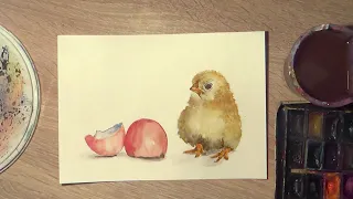 Как нарисовать цыпленка акварелью. Пасхальная открытка Акварелью. Easter chicken in watercolor
