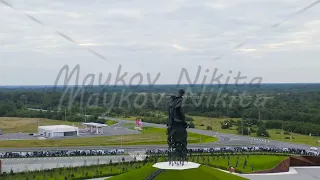 Dolly zoom. Rzhev, Russia. Rzhev Memorial to the Soviet Soldier, Aerial View, Departure of the camer