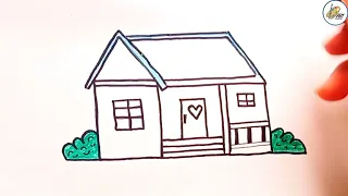 how to draw a pink house drawing for kids step by step//House drawing  with colour and painting