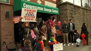 Drag performers take part in 'Drag Out Santos' rally at congressman's office in Queens