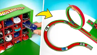 Pista de carreras DIY Hot Wheels con un garaje seguro