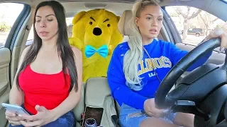 TEDDY BEAR COMES TO LIFE IN CAR PRANK ON GIRLFRIEND AND SISTER.. (cute reaction)