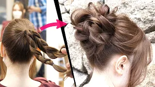 簡単！丸三つ編み２本だけ！時短で可愛くまとまるルーズなお団子ヘアレンジ！How to: Easy MESSY BUN | New Bun Hairstyle | Updo Hairstyle