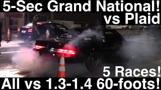 5-sec Grand National vs Plaid! 5 races vs 1.3-1.4 sec 60-foot cars! Monte Carlo! Cougar! ’69 Camaro!