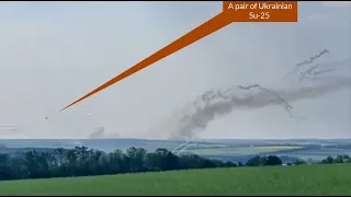 Ukraine war footage 144, A pair of Ukrainian Su 25 fires at the positions of the occupiers,