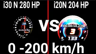 Hyundai i30N DCT 280 HP vs hyundai i20N 204 HP Acceleration 0-250 km/h
