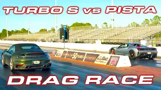 Ferrari F8 and Porsche 992 Turbo S vs Ferrari Pista 1/4 Mile Drag Races