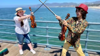 Two VIOLINISTS on SANTA MONICA PIER Improvise BTS Song - ‘Fake Love’ | Holly May & Lunoi Mitani 🎻☀️