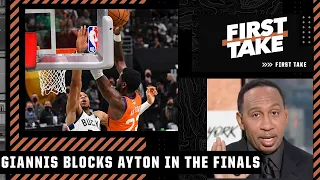 Stephen A. reacts to Giannis’ block on Deandre Ayton’s alley-oop in the Finals | First Take