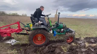 4k The Polish plow is ploughing the Ukrainian land Homemade tractor  Оранка цілини польським плугом